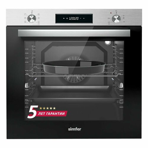 Электрический встраиваемый духовой шкаф Simfer ширина 60см 7 режимов работы конвекция гриль таймер часы 80 литров подсветка противень хромированная решетка 5 лет гарантии Нержавеющая сталь 23486600₽