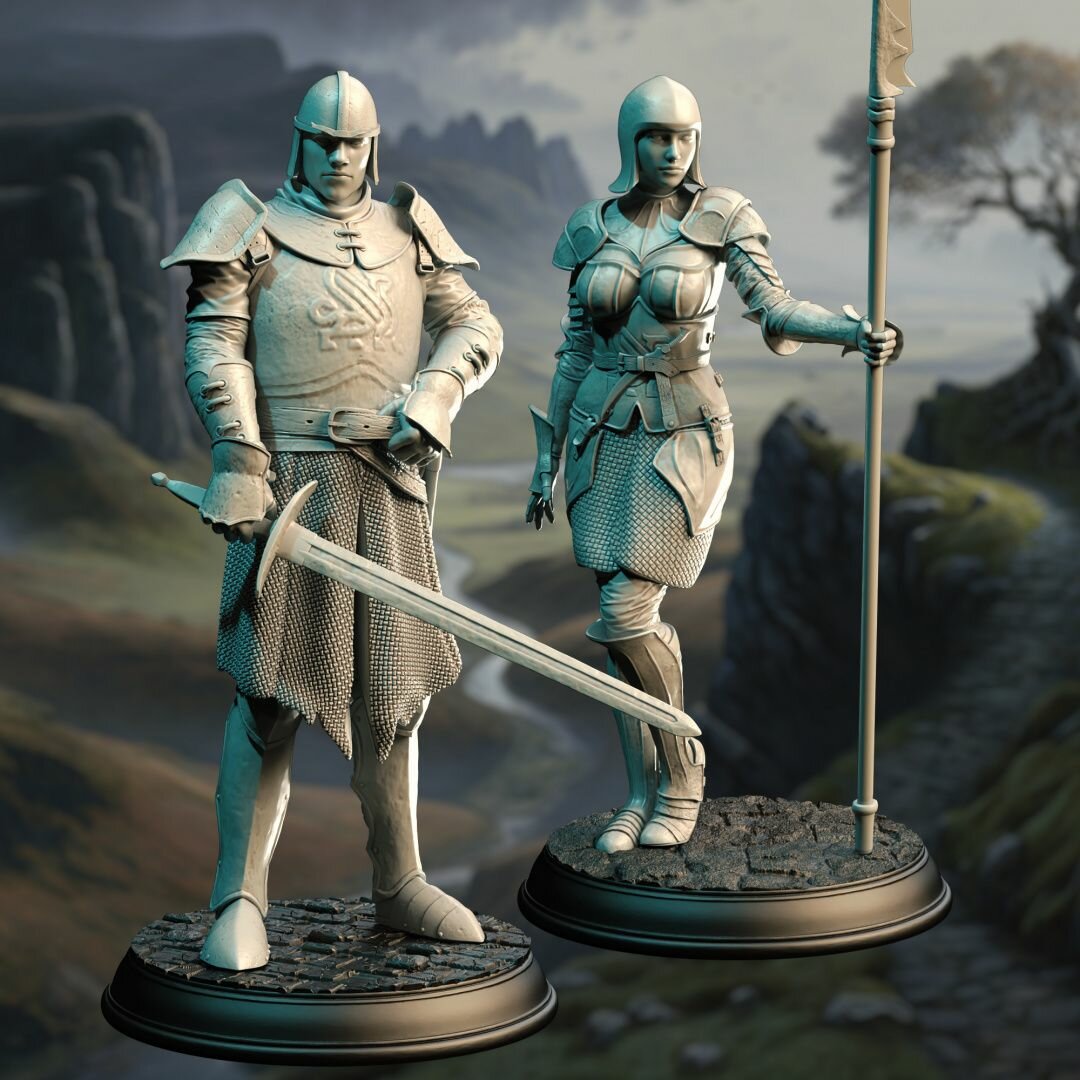 Фэнтези миниатюра рядовые солдаты (мужчина и женщина) игровые фигурки для раскрашивания 2 шт (масштаб 32мм) база 25мм