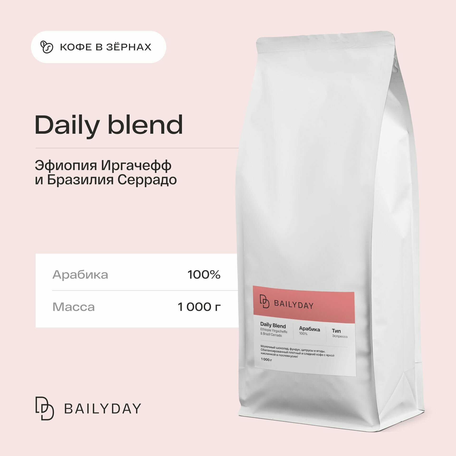 Кофе в зернах Daily Blend (Бразилия и Эфиопия) 100% арабика, обжарка под эспрессо, 1 кг