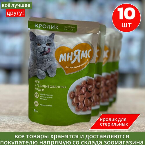 Влажный корм Мнямс Кусочки в соусе для Стерилизованных кошек, с Кроликом, 85г х 10шт