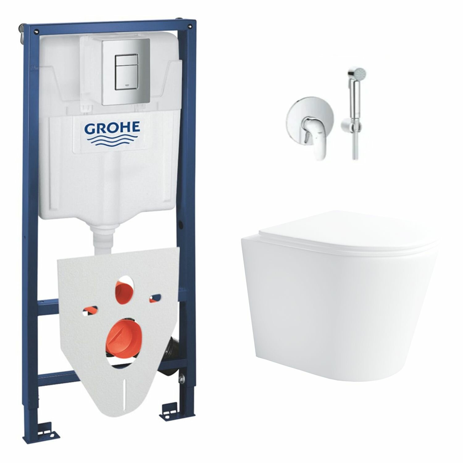 фото Инсталляция с подвесным унитазом Helmken 35490201 комплект 12 в 1: унитаз подвесной безободковый, сиденье микролифт, инсталляция Grohe с кнопкой смыва и гигиеническим душем, шумоизоляция