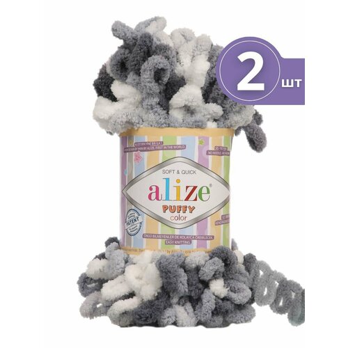 Плюшевая пряжа Alize Puffy Color (Ализе Пуффи Колор) - 2 мотка 5925 Серый / белый Микрополиэстер - 100% 100г/9м