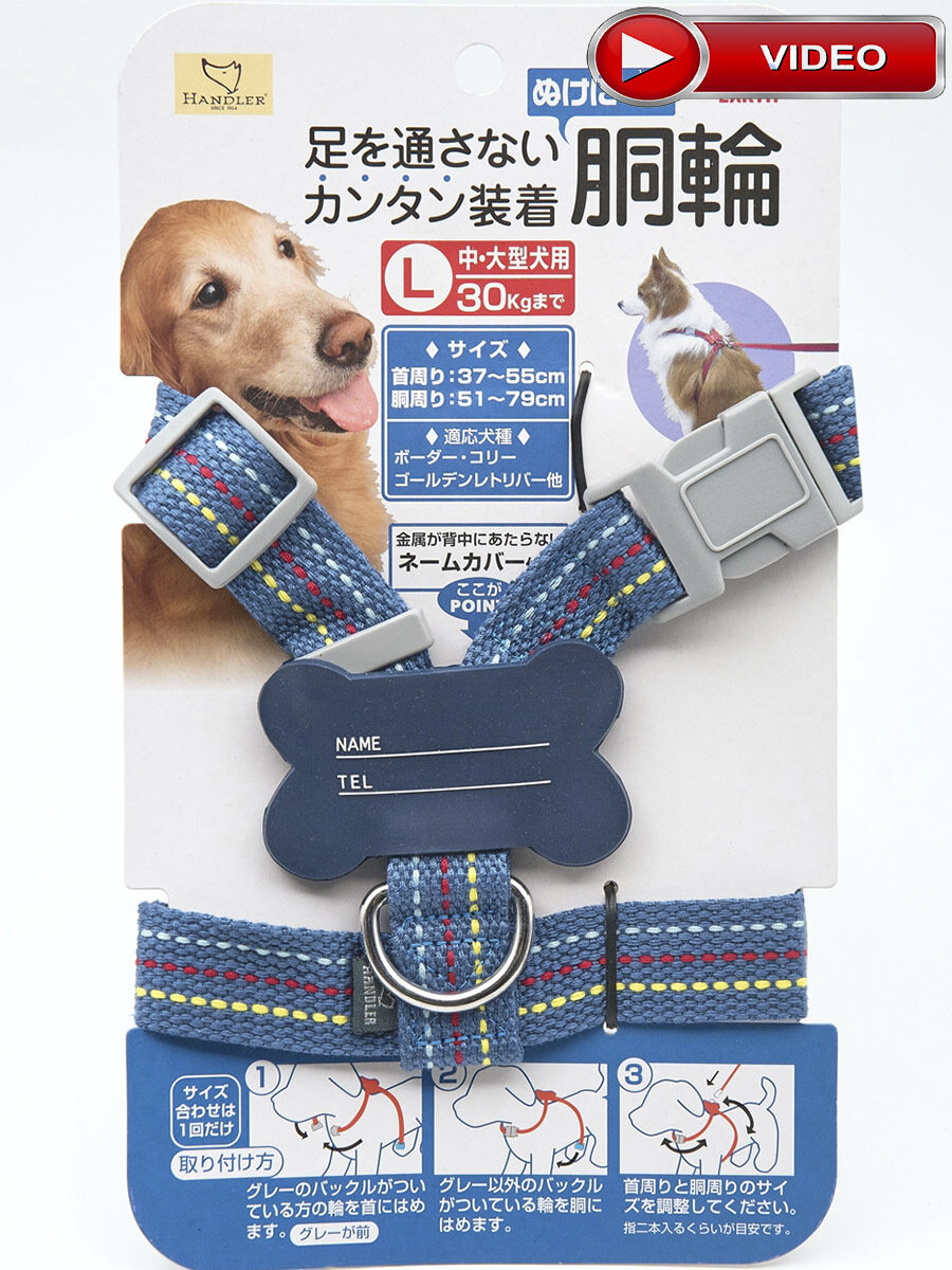 Шлейка для собак с адресником "Надеть в два движения" Japan Premium Pet с силиконовой защитой, размер M, синий