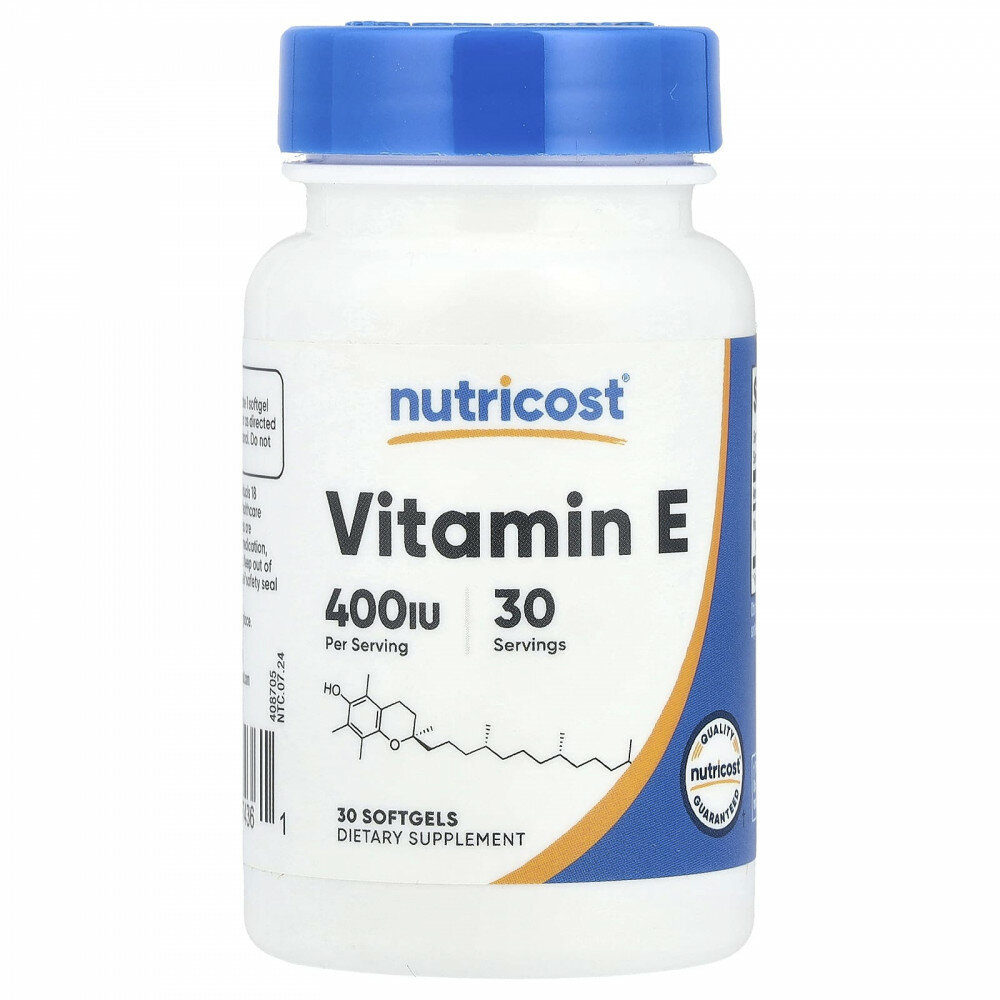 Nutricost, Витамин E, 180 мг (400 МЕ), 30 мягких таблеток