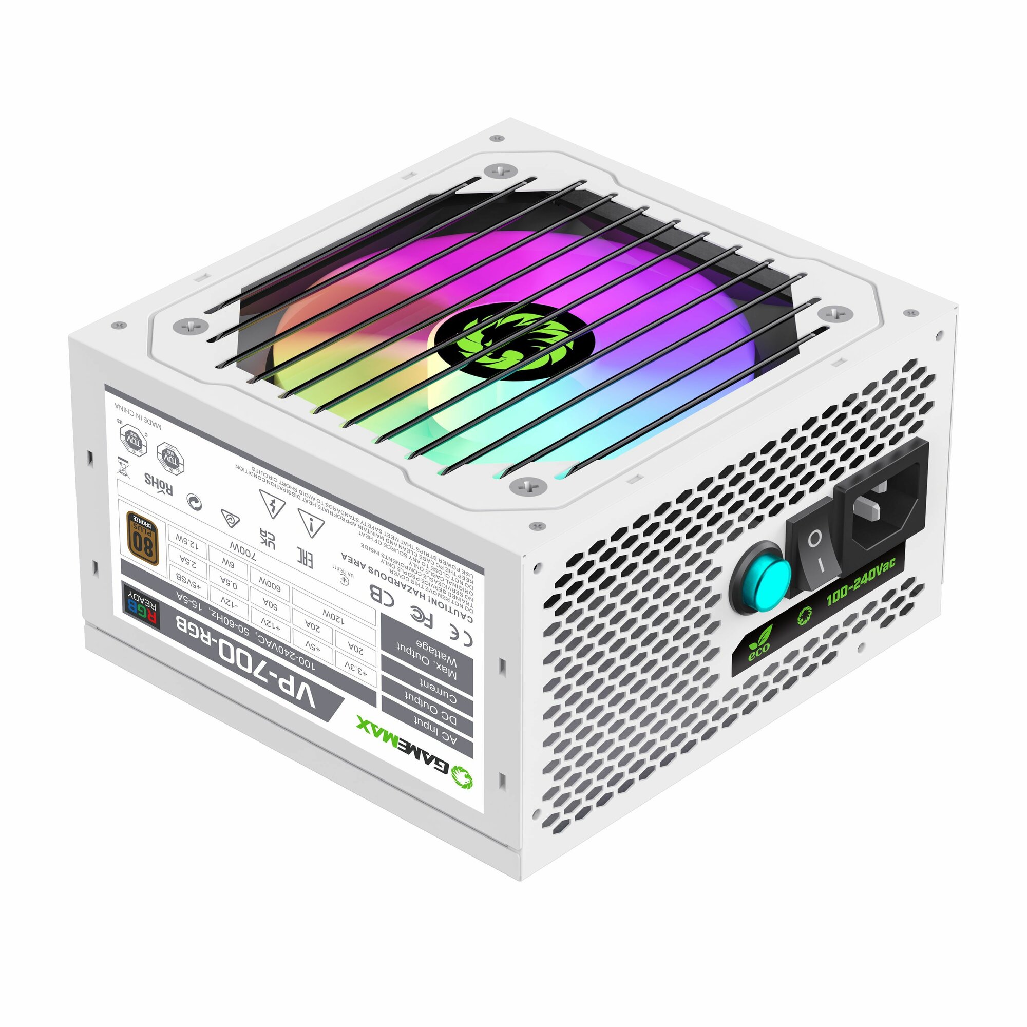 Блок питания для ПК 700W Белый 80+ Bronze GameMax VP-700-RGB-White 120мм 20+4pin 4+4pin(CPU) 2*6+2pin(PCI-E) 5*SATA 3*MOLEX — фото 1