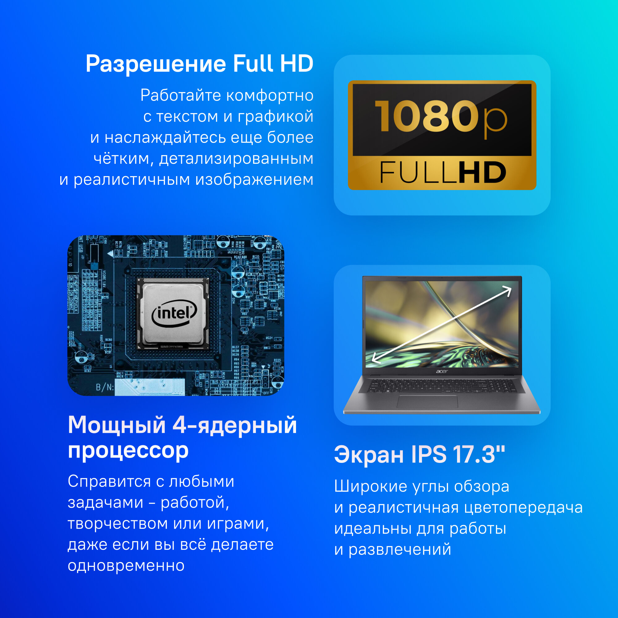 Ноутбук Acer Aspire 3 17.3", IPS, Intel N100 0.8ГГц, 8ГБ , 512ГБ SSD, Intel UHD Graphics, серебристый