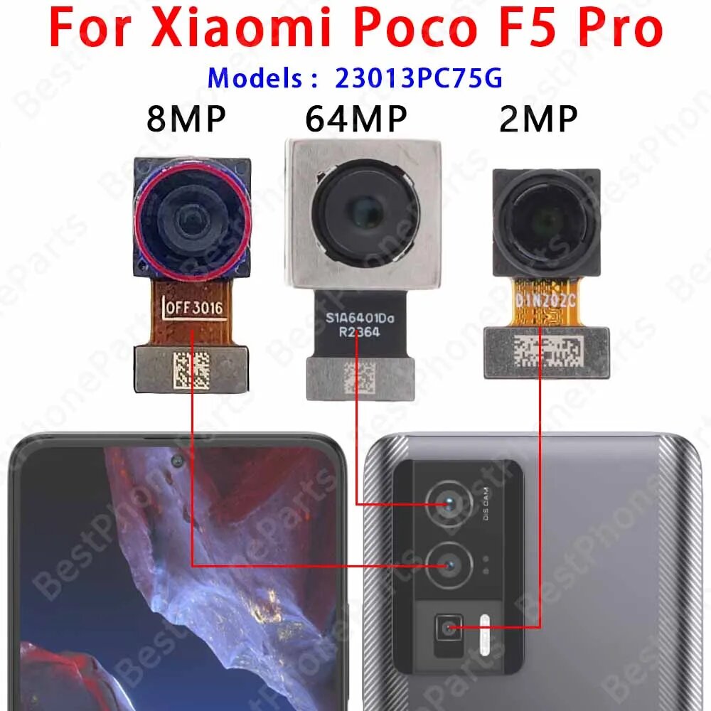 Изображение Задняя камера для Xiaomi Poco F5 Pro PocoF5, модуль камеры, вид сзади, запасные части, 64 МП, основной, 8 МП, сверхширокий, Poco F5 Pro Main