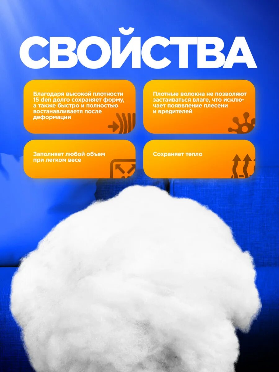 Синтепух 1кг 15Den 1 сорт для подушек, игрушек, поделок и мебели, синтетический наполнитель для рукоделия — фото 1