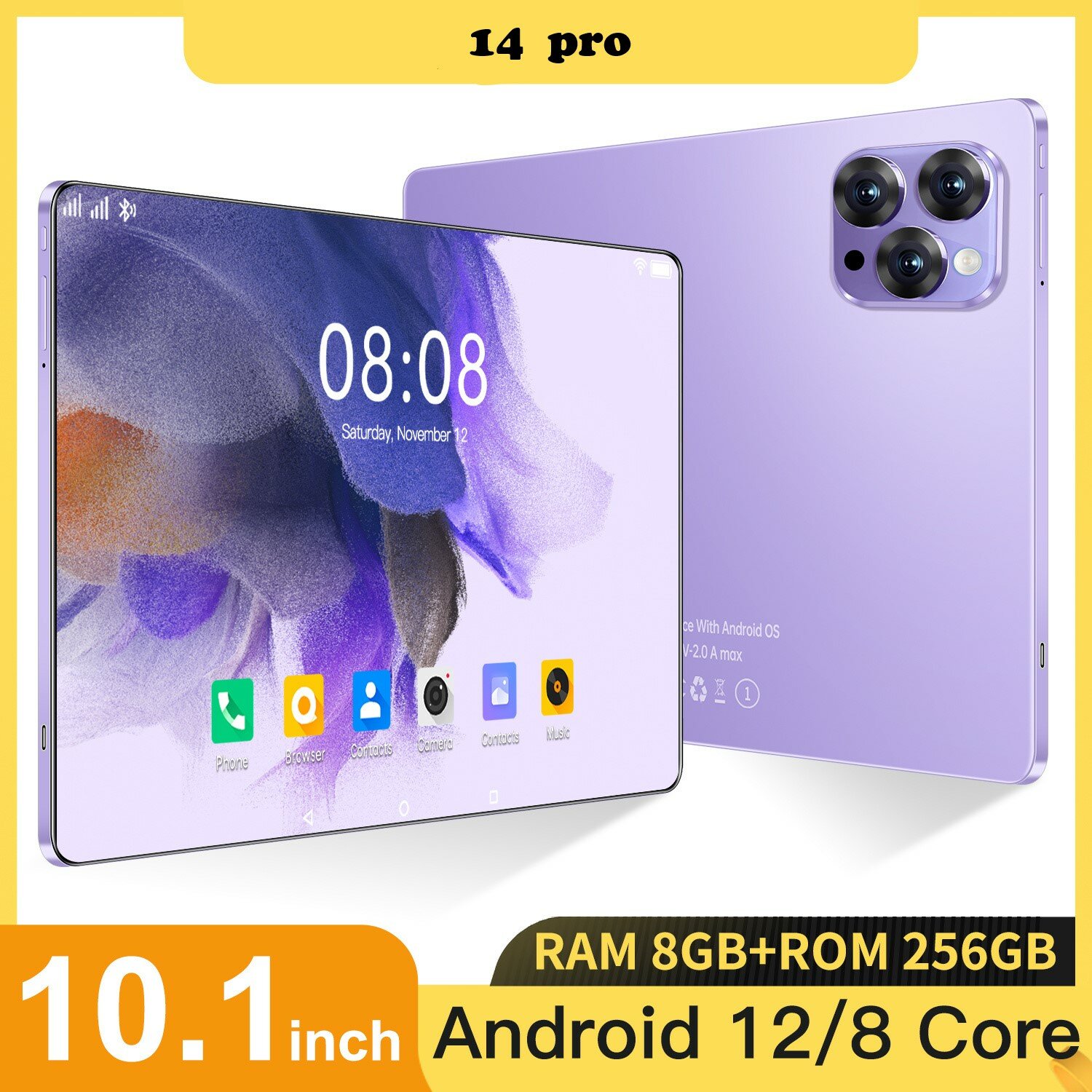 10,1" Планшет 14Pro Android 256ГБ игровой офисный планшет, Фиолетовый