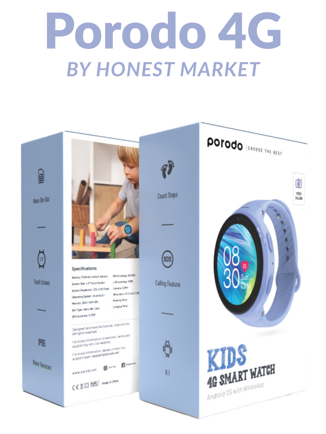 Детские часы Porodo 4G, поддержка 4G, камера, Bluetooth, поиск телефона синий