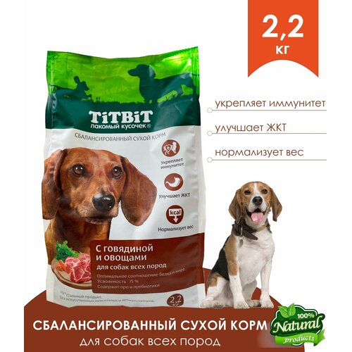 Сухой Корм для собак всех пород, полнорационный, с говядиной и овощами, TiTBiT 2.2кг