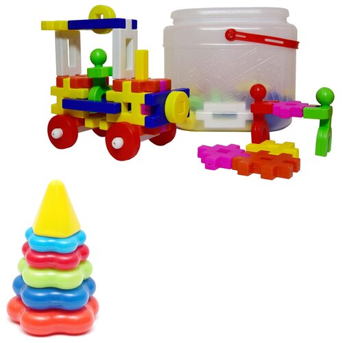 Набор развивающий: Пирамида детская малая арт. 40-0046 + Конструктор «Малыш - 1», 36 дет. арт. М-1