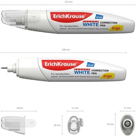 Ручка-корректор Erich Krause "Techno White Ergo", 12 мл, с металлическим наконечником, в пакетике