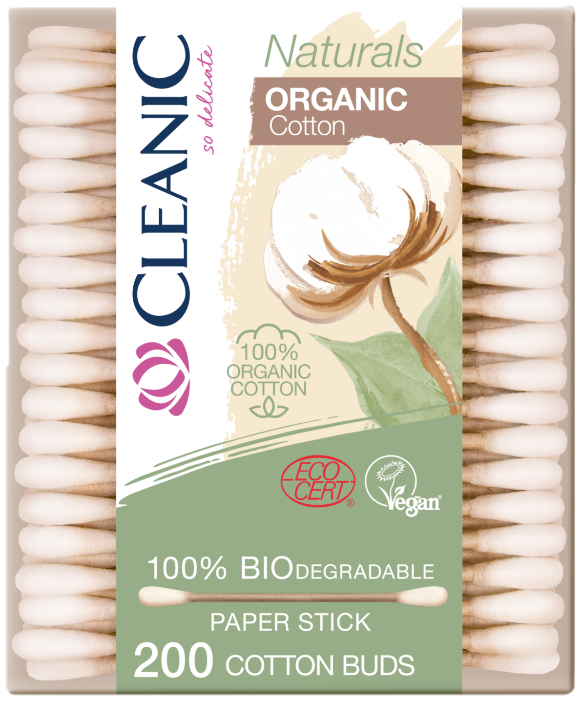 Ватные палочки Cleanic Naturals Organic Cotton, бежевый, 200 шт, коробка