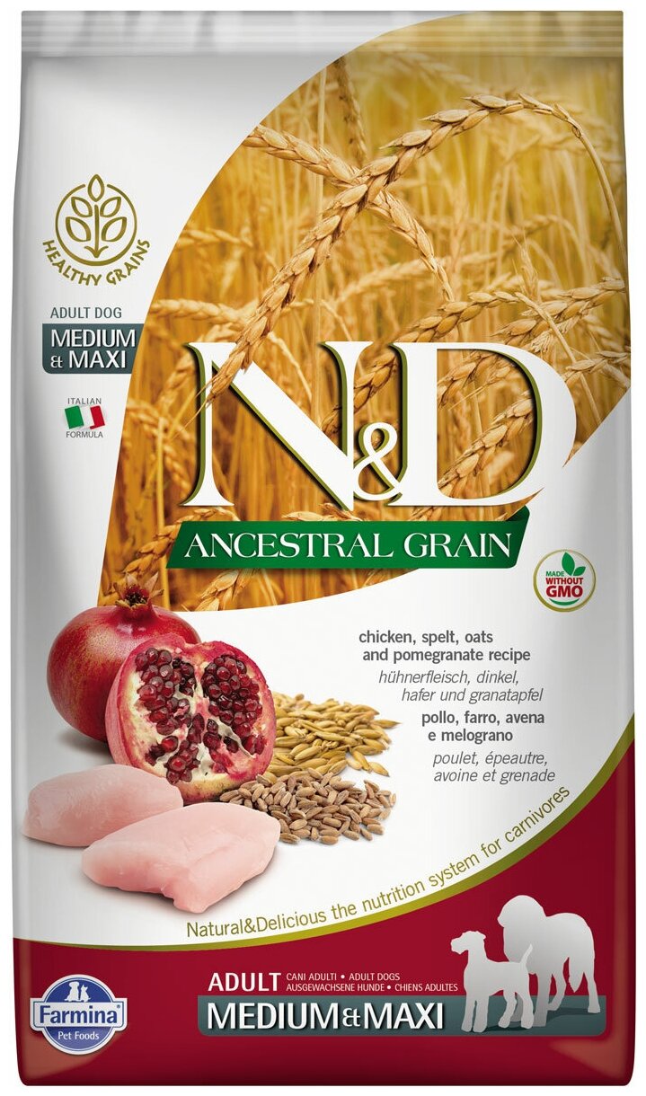 Корм Farmina N&D ANCESTRAL GRAIN Chicken & Pomegranate Light Medium/Maxi для собак склонных к полноте, средних и крупных пород, с низким содержанием зерна, курица гранат, 12 кг