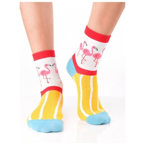 фото Яркие цветные носки унисекс, прикольные красочные носки колорблок/ модные носки с рисунком/ высокие носки из натурального хлопка с рисунком "танцующие фламинго" anymalls