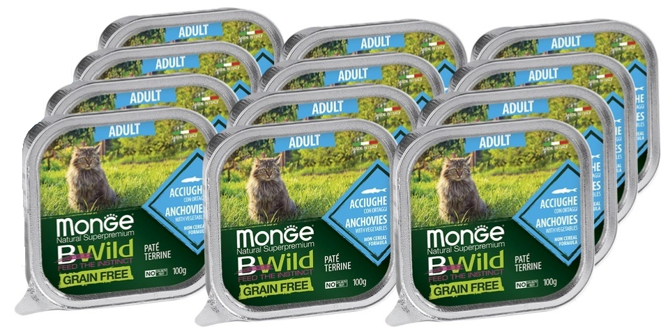 Monge Cat BWild GRAIN FREE беззерновые консервы из анчоусов с овощами для взрослых кошек 100г х 12 шт.