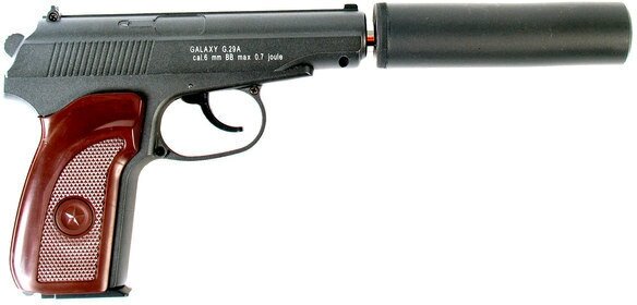 Cтрайкбольный пистолет Galaxy G.29A Пистолет Макарова с имитацией глушителя, металлический, пружинный