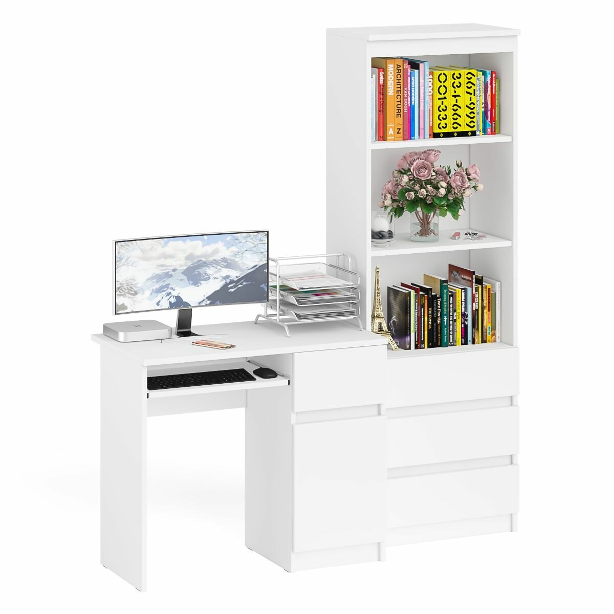 Компьютерный стол с ящиком и дверкой СВК Мори МС-1 правый со стеллажом с ящиками цвет белый, 150,4х50х179,6 см.