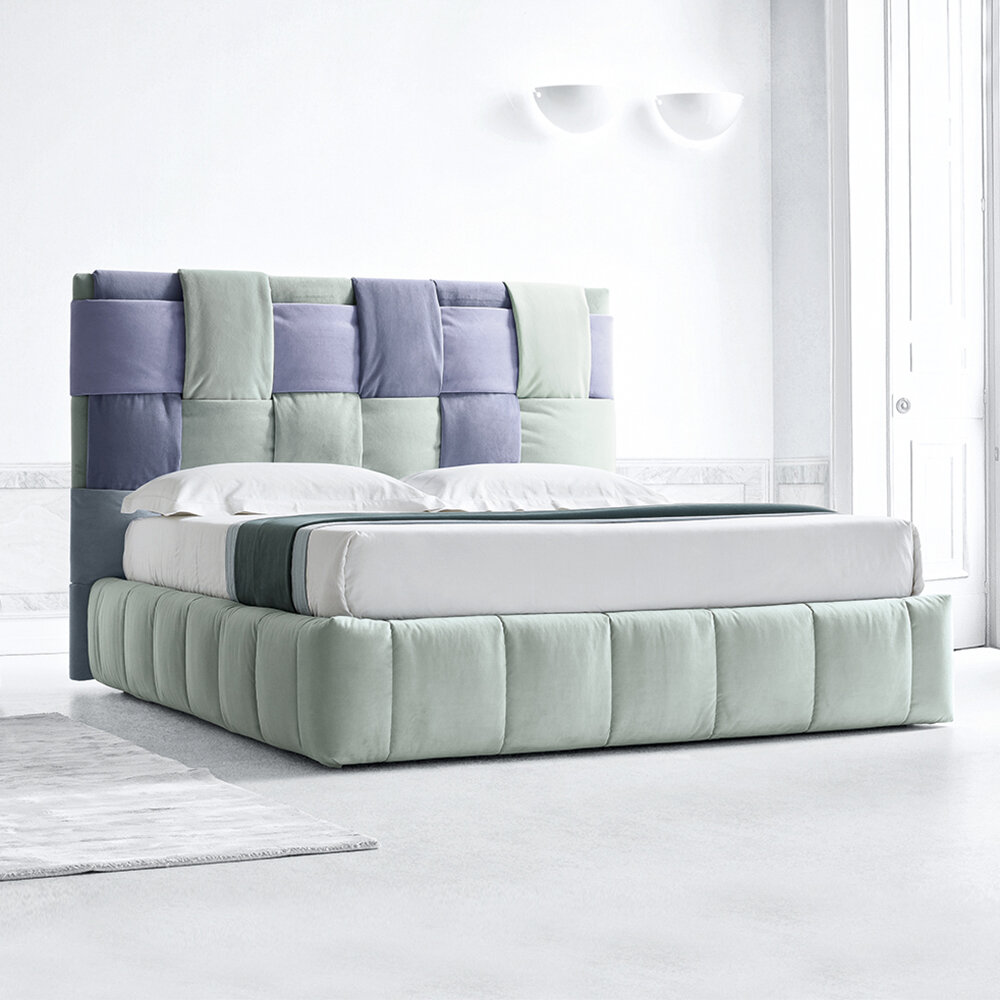Двуспальная кровать 160х200, с мягким изголовьем, SITDOWN, "Сью", велюр, светло салатовый и фиолетовый