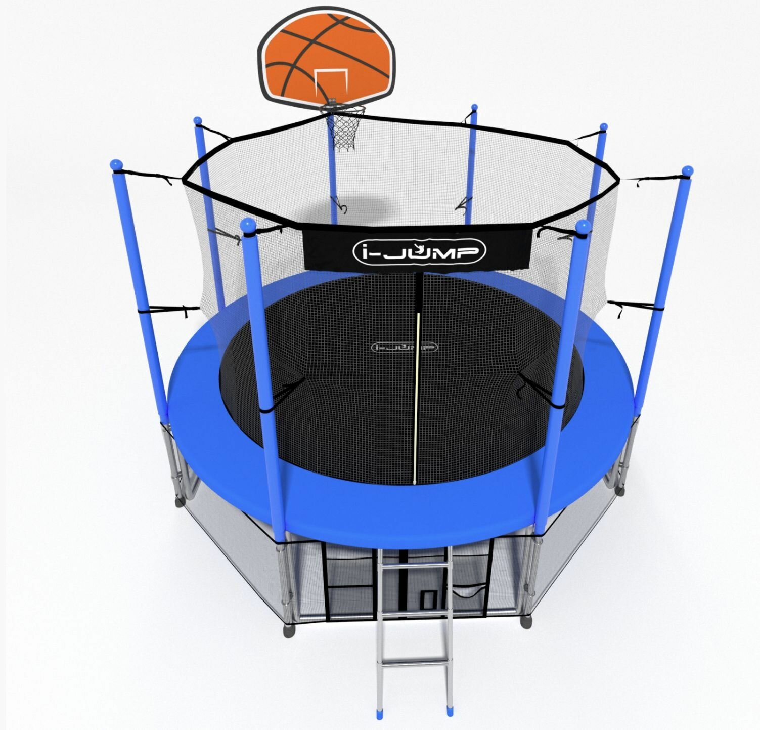 Батут i-JUMP Classic Basket 8ft с защитной сеткой синий, лестницей и баскетбольным кольцом для дачи