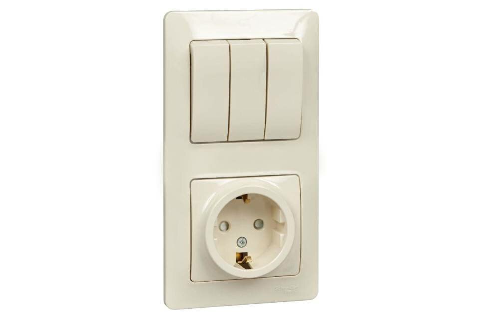 Блок розетка с заземлением со шторками+ 3-клавишный выключатель Schneider Electric GLOSSA бежевый GSL000278