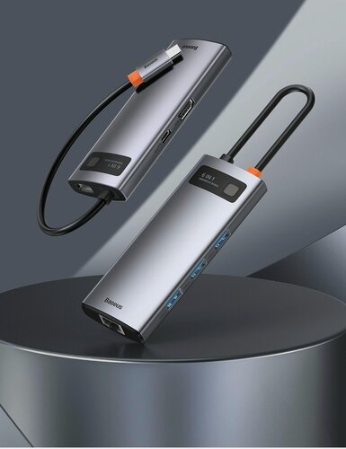 Изображение товара USB-концентратор Хаб Hub Baseus Metal Gleam Series 8 в 1 Type-C(PD), 4k HDMI, SD, MicroSD, RJ45, 3xUSB 3.0 (CAHUB-CV0G)