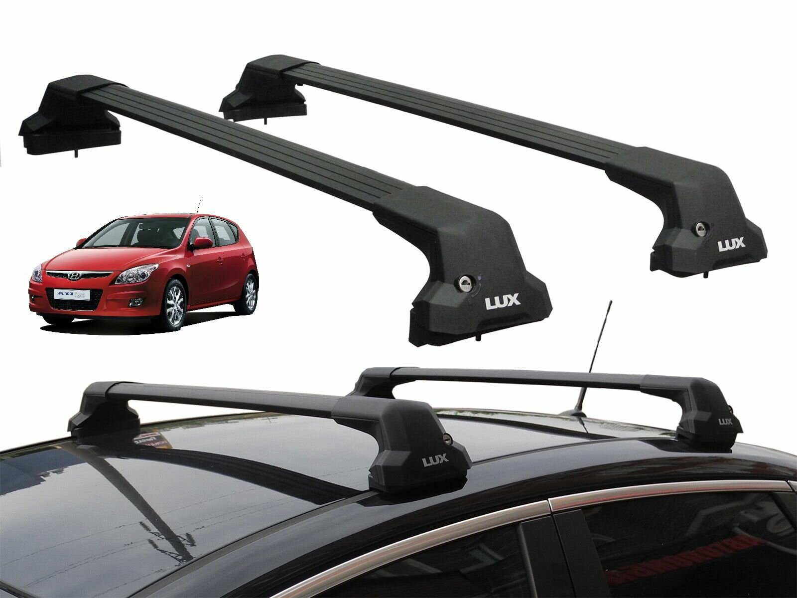 Багажник на крышу Хендай Ай30, хэтчбек, 2007-2011 (Hyundai i30 (FD), hatchback, 2007-2011), Lux City, черные дуги