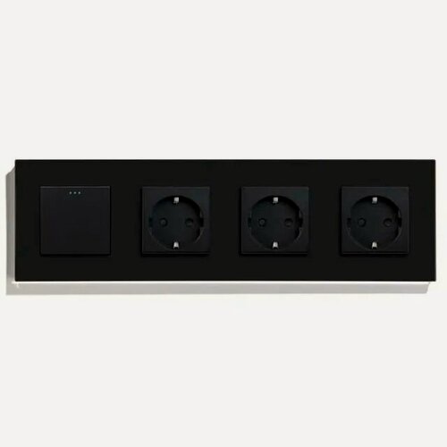 Изображение товара Выключатель с розеткой, 1 клавиша 3 розетки, 4 поста (M1+3F) рамка стекло 299х86мм цвет черный