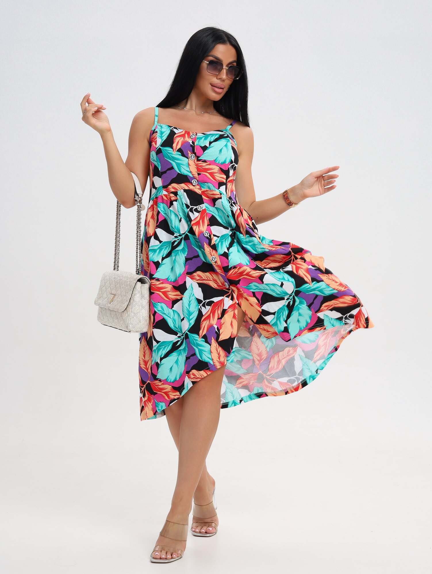 Платье Инсар Текстиль 560/черный/розовый/листья, размер 50-52, розовый, черный, голубой — фото 1