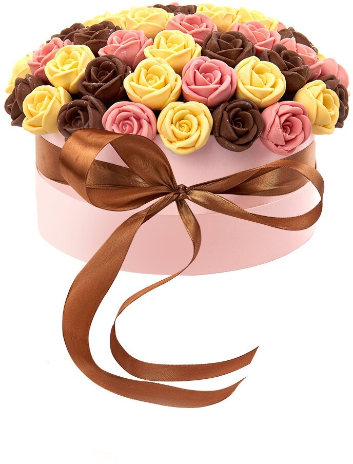 Шоколадные съедобные сладкие розы 51 шт. CHOCO STORY в Розовой Шляпной коробке SH51-R-JRSH