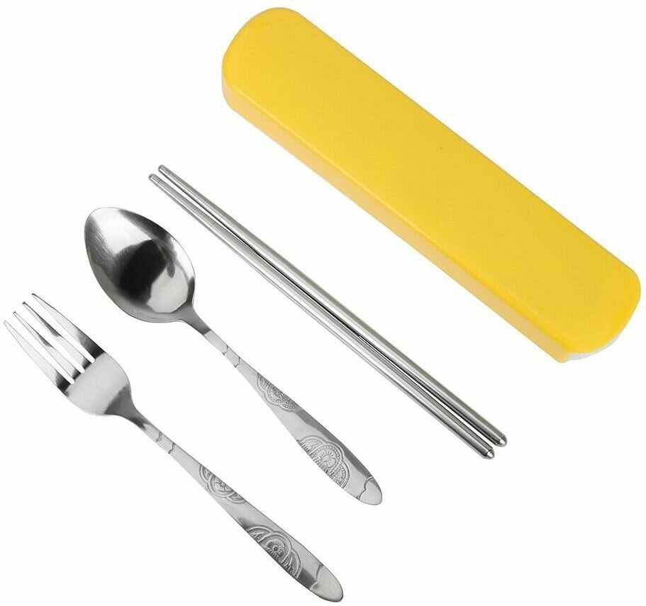 фото Дорожный набор столовых приборов в футляре: вилка, ложка, китайские палочки, органайзер для хранения, цвет желтый