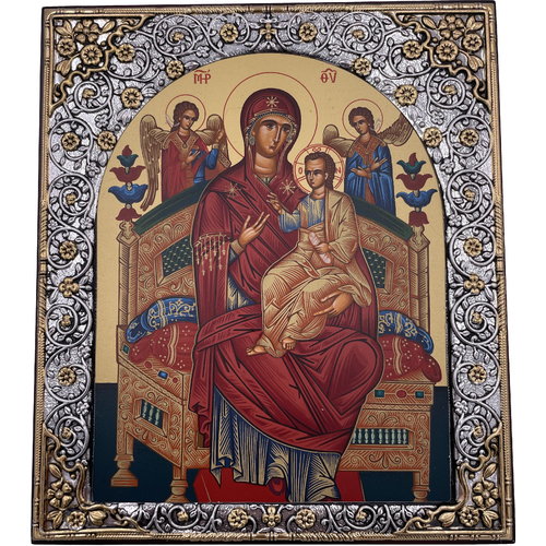 Икона Божией Матери Всецарица, деревянная с патиной, шелкография, золотой декор , открытый лик 11*12,5 см
