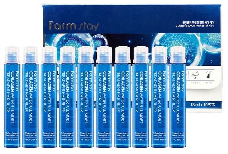 Farmstay Увлажняющий филлер для волос с коллагеном Collagen Water Full Moist Treatment Hair Filler, 13 мл, 10 шт, ампулы
