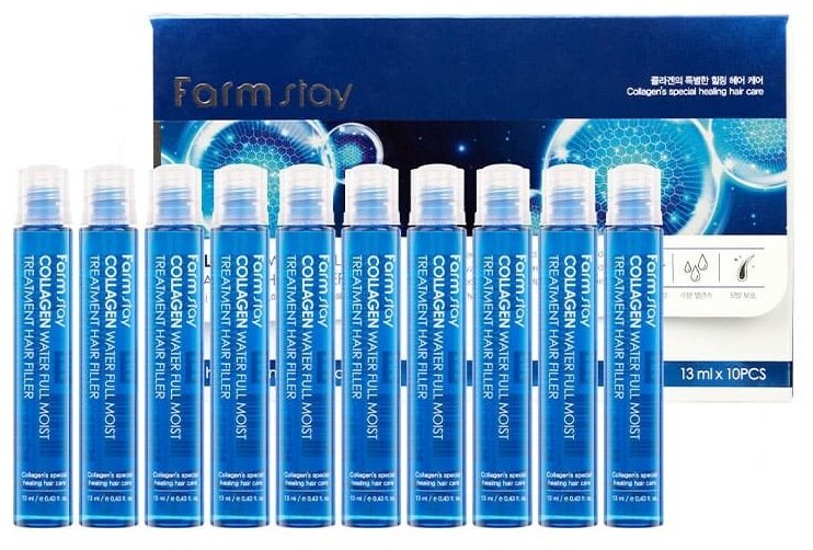 Farmstay Увлажняющий филлер для волос с коллагеном Collagen Water Full Moist Treatment Hair Filler, 200 г, 13 мл, 10 шт., ампулы - фотография № 1