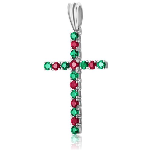 Крестик 1RBC, белое золото, 585 проба, изумруд, рубин