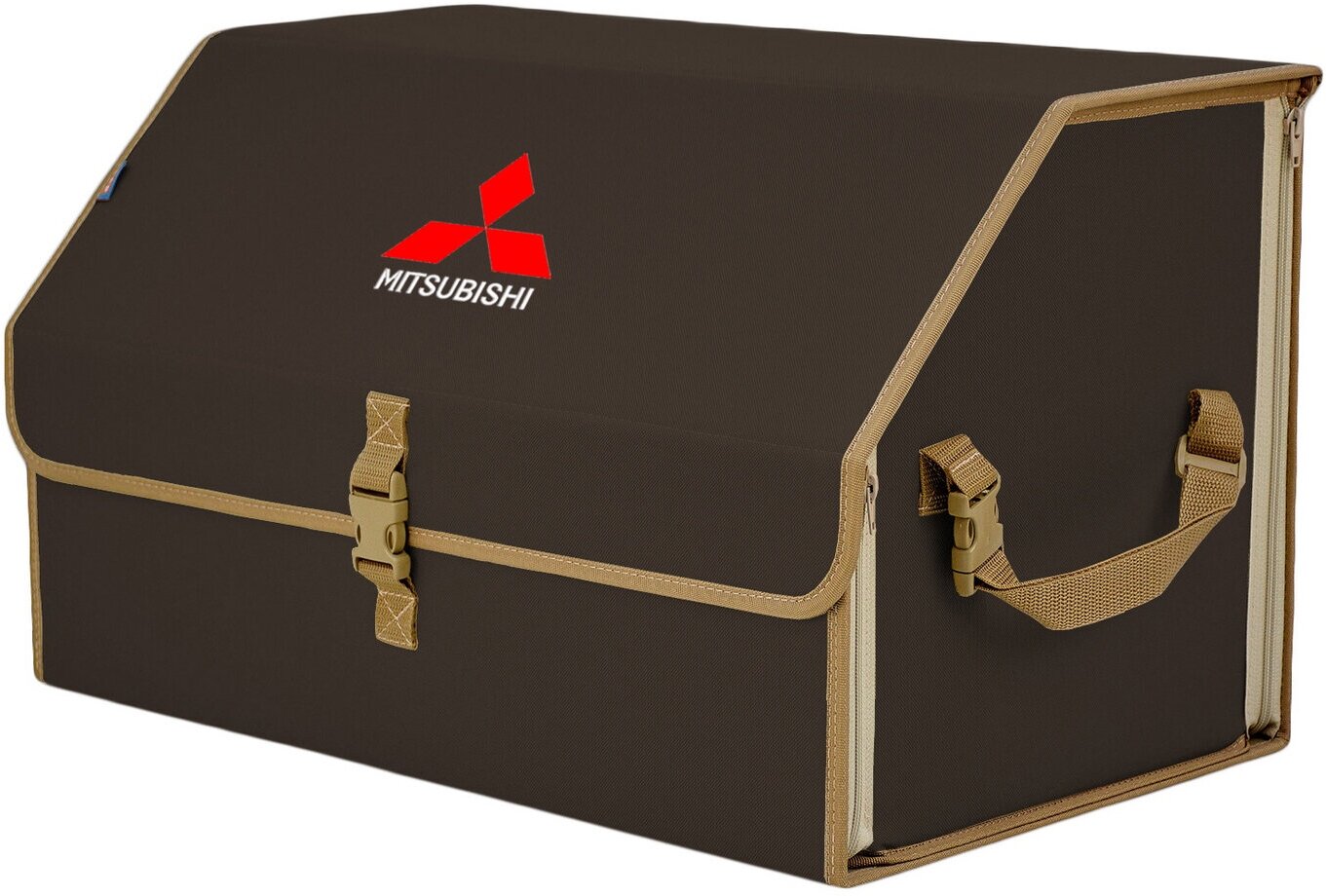 Органайзер-саквояж в багажник "Союз" (размер XL). Цвет: коричневый с бежевой окантовкой и вышивкой Mitsubishi (Митсубиши).