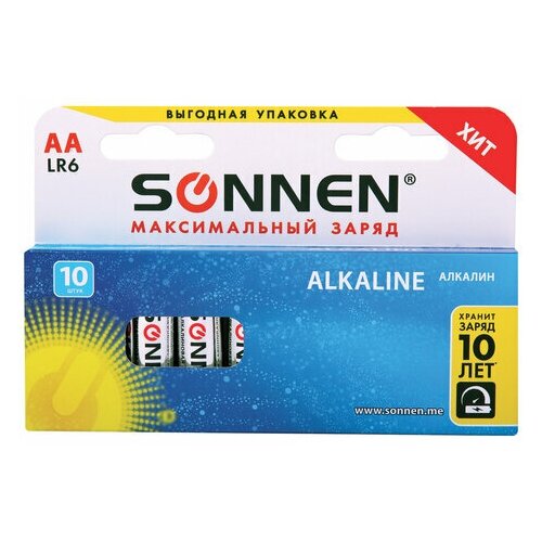 Батарейки комплект 10 шт. SONNEN Alkaline. АА (LR6. 15А). алкалиновые. пальчиковые. короб батарейки sonnen lr6 алкалиновая bl 2