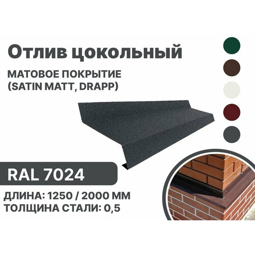 Отлив цокольный металлический для панелей, сайдинга, имитации бруса (Матовая) Satin, Drap RAL-7024 серый 1250мм 4шт