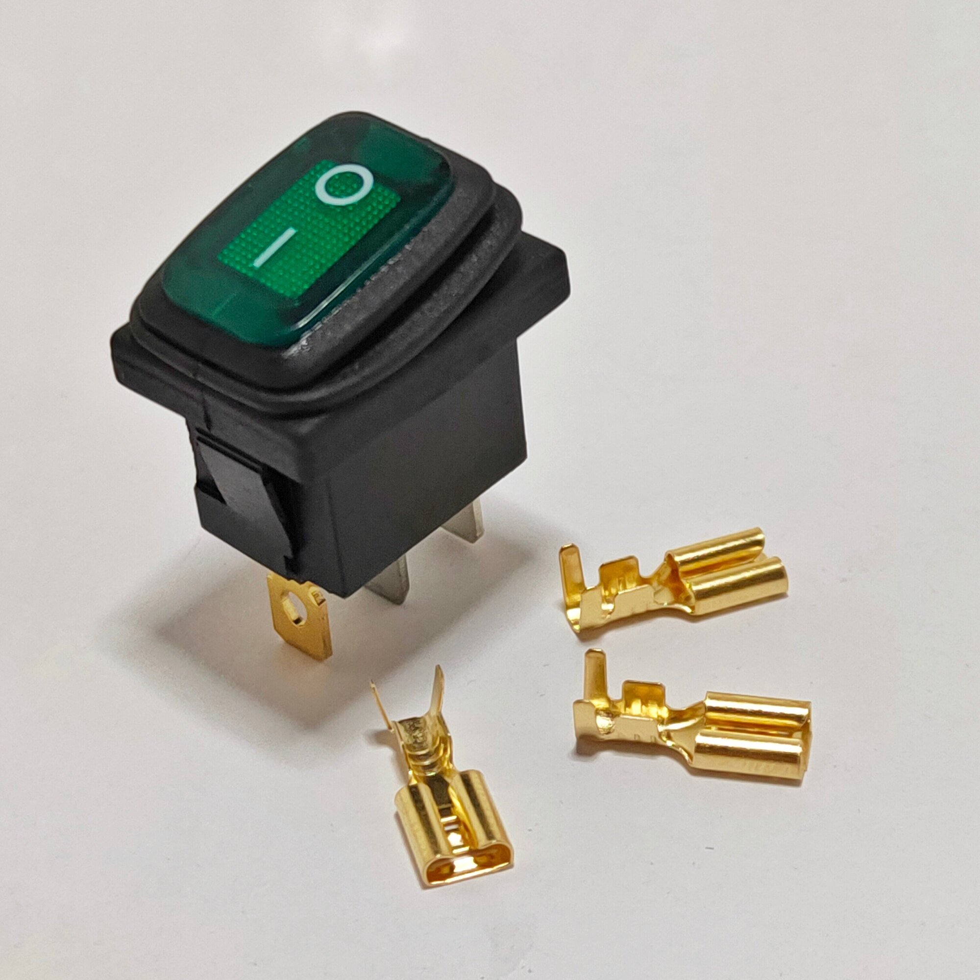 Выключатель клавишный мини влагозащита подсветка 250V 6А (3с) ON-OFF зеленый + 3 клеммы - фотография № 2