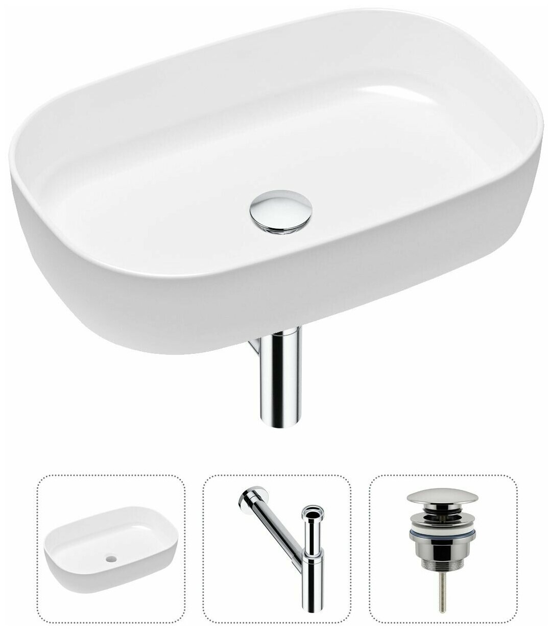 Накладная раковина в ванную Lavinia Boho Bathroom Sink Slim 21520090 в комплекте 3 в 1: умывальник белый, донный клапан и сифон в цвете хром