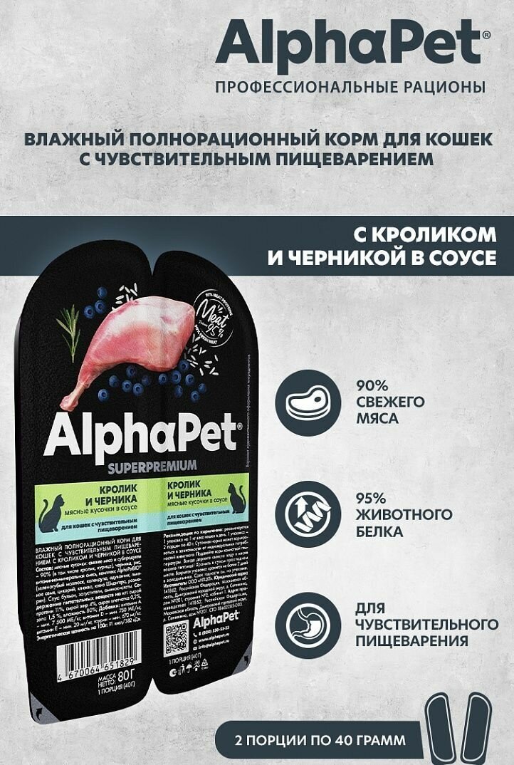 AlphaPet Superpremium влажный корм для кошек с чувствительным пищеварением кролик и черника, в ламистерах - 80 г х 15 шт - фотография № 1