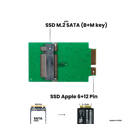 адаптер средний ssd m 2 ngff для apple macbook air 11 13 a1370 a1369 late 2010 mid 2011 зеленый ssd 6 12pin nfhk n 2011n Адаптер-переходник для установки накопителя SSD M.2 SATA (B+M key) в разъем Apple SSD (6+12 Pin) на MacBook Air 11 A1370 / 13 A1369, 2010 - 2011