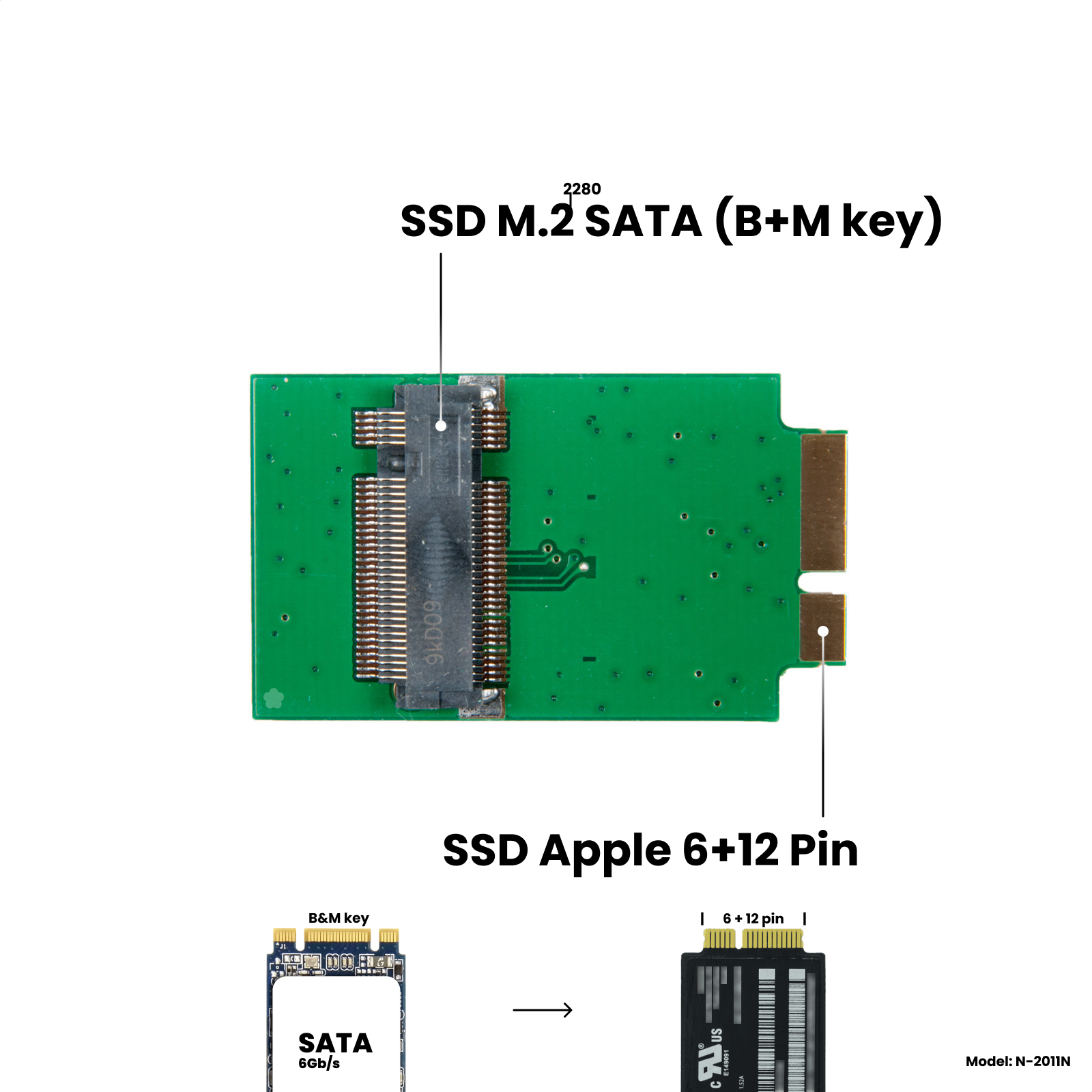 Адаптер-переходник для установки накопителя SSD M.2 SATA (B+M key) в разъем Apple SSD (6+12 Pin) на MacBook Air 11" A1370 / 13" A1369 2010 - 2011