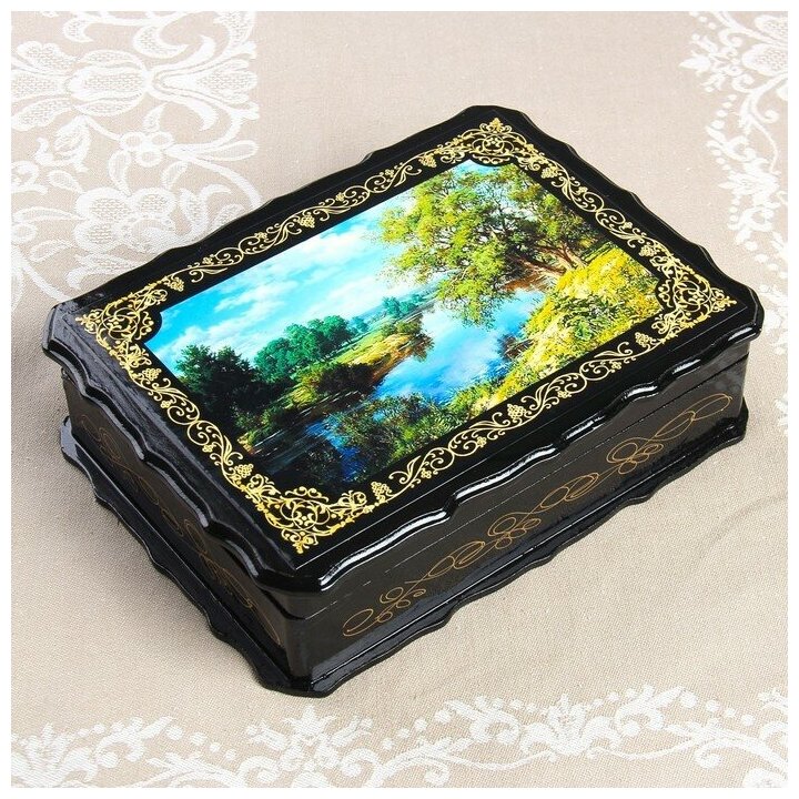 фото Шкатулка "Лесной берег", 17x23x6 см, лаковая миниатюра