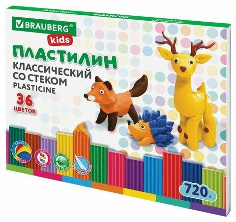 Пластилин классический BRAUBERG KIDS, 36 цветов, 720 г, стек, высшее качество, 106438