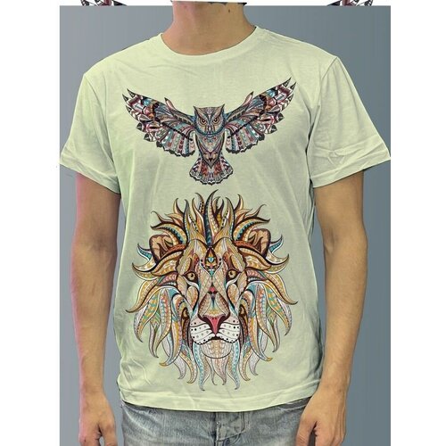 фото Футболка мужская белая молочный оттенок из хлопка с dtf рисунком лев - 1181 будь на стиле