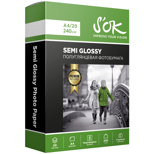 Бумага S'OK A4 Semi Glossy 240 г/м², 20 л, белая фотобумага полуглянцевая влагостойкая semi gloss photo w r 180 г м2 0 914x30 м 50 8 мм ps180 36