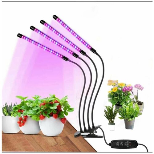 Фитолампа для растений LED 40 Вт, полный спектр, с таймером отключения, на прищепке / УФ Лампа для рассады, люминисцентная, розовая, фиолетовая / Фитосветильник для рассады / Подсветка для цветов на подоконнике / Освещение