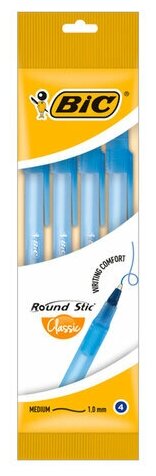 Ручки шариковые BIC "Round Stic", набор 4 шт, синие, узел 1 мм, линия письма 0,32 мм, пакет, 944176 (арт. 143975)